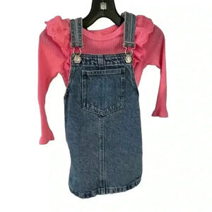 Zara girls overall skirt & cozy cub long sleeve pink ruffle top sz 18-24 months